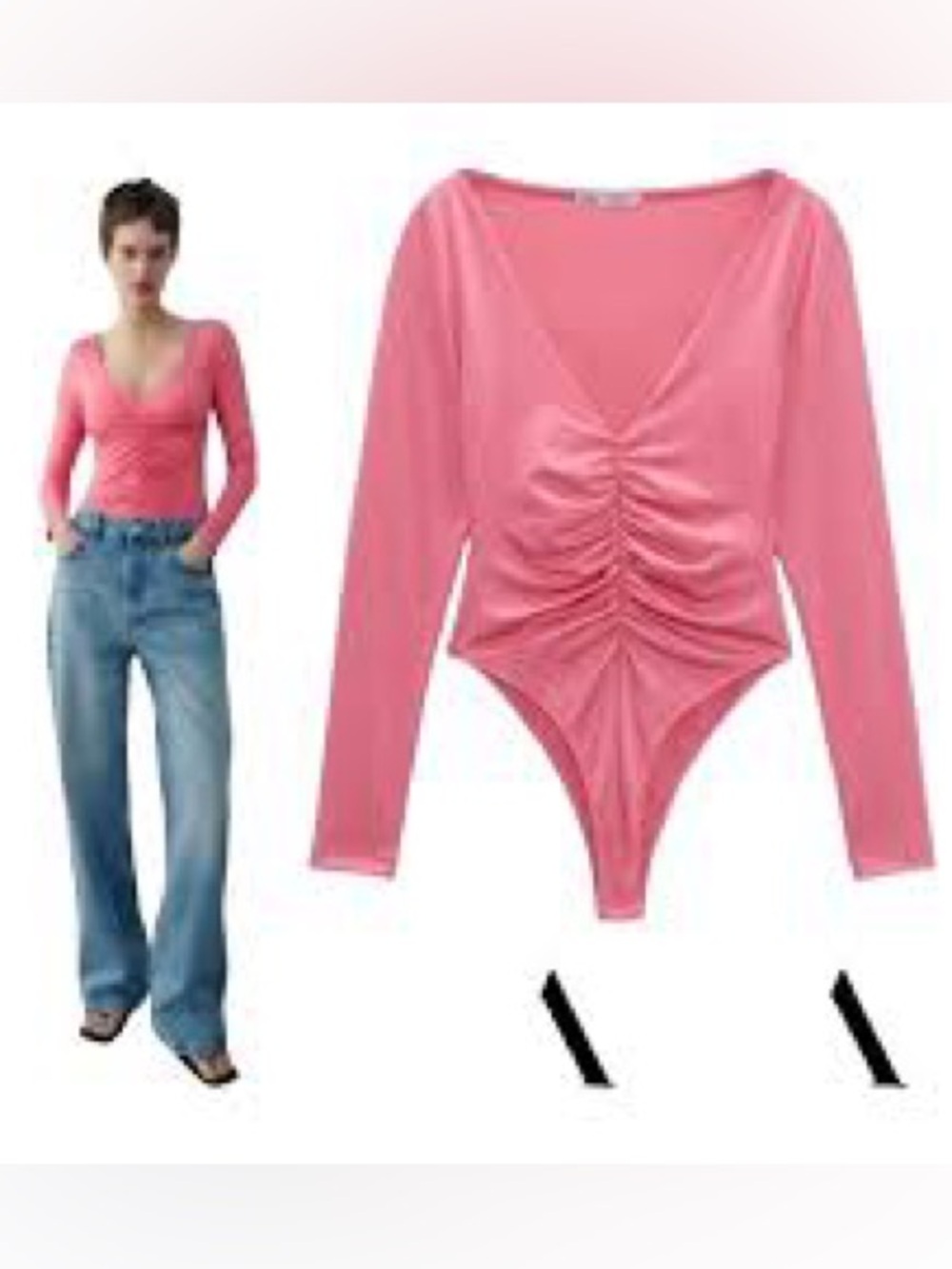 NWT Size L Zara Pink Long-Sleeve Ruched V-Neck Bodysuit